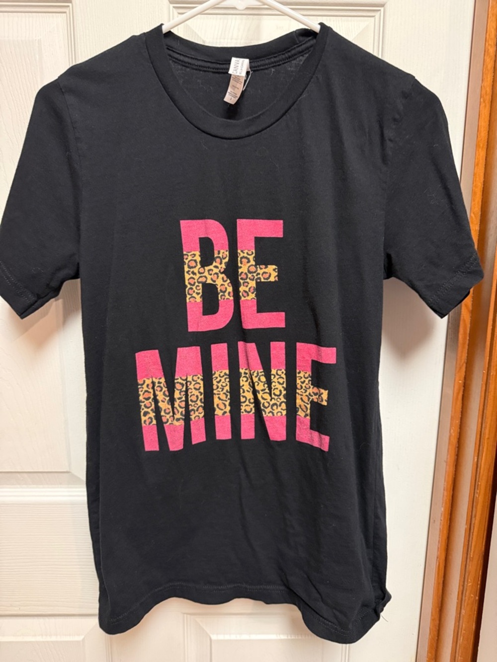 Bella Canvas Black Tee with Pink & Leopard "BE MINE" Graphic